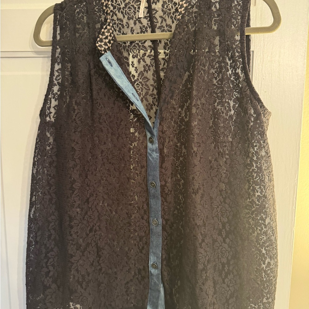 Free People Black Lace Trapeze Top Small Sheer Boho Festival Tank Oversized